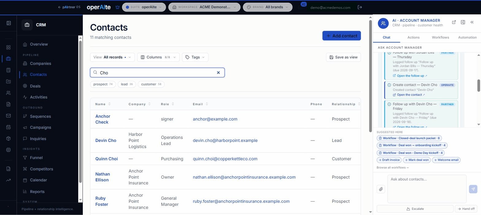 The pAIrtner operAIte CRM. A person types one sentence in chat, approves the staged actions, and the new records appear in the system.