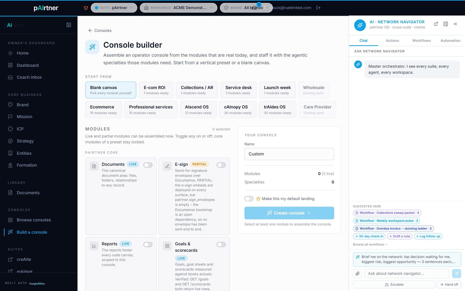 The pAIrtner console builder: assembling modules and agent specialties into a configured workspace